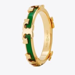 Tory Burch Gold & Green Enamel Serif-T Enameled Stackable Ring in green size 7